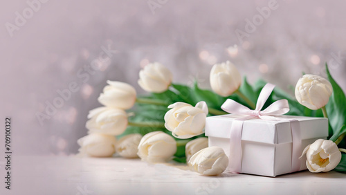 beautiful white gift box with ribbon on a blurred background of white tulips