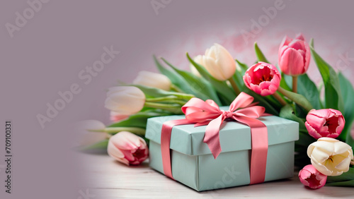 gift box with ribbon on the background of tulips © Yanina