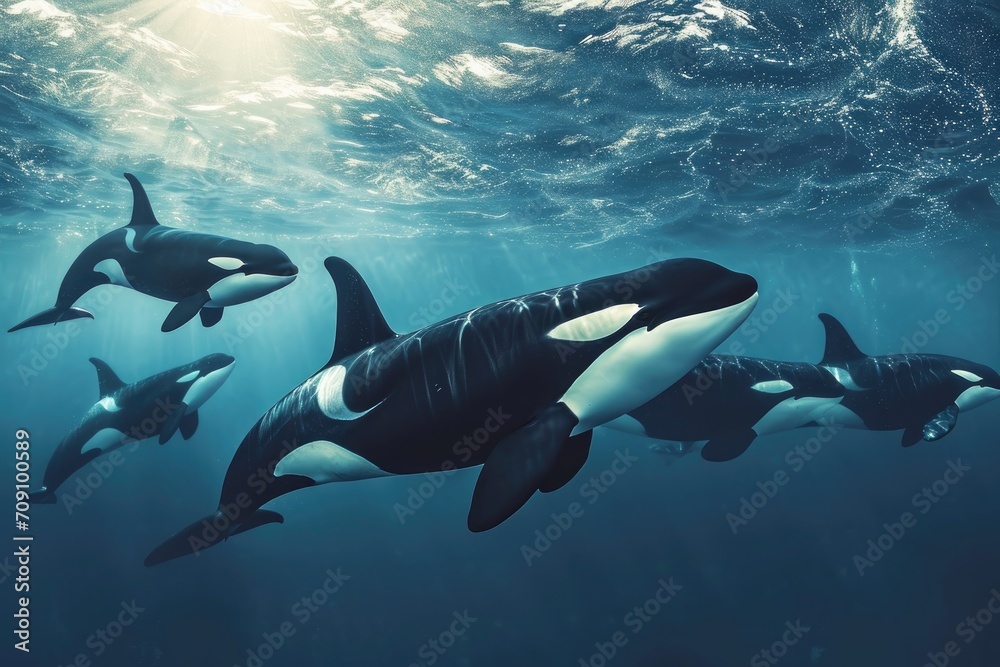 orca fish or killer whale swimming on under water of sea  - obrazy, fototapety, plakaty 