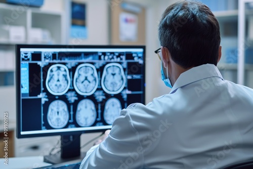 A doctor monitoring on x-ray radiology of human brain 