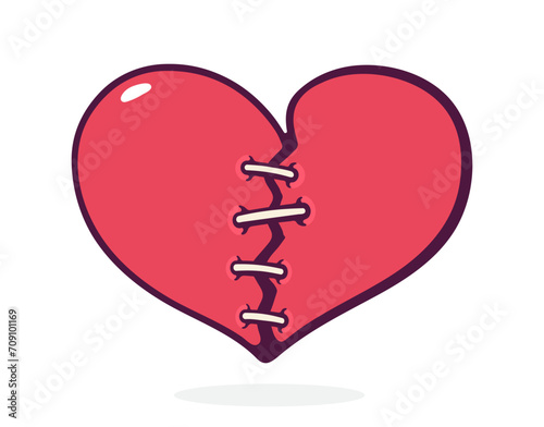 Broken heart with Seam. Vector illustration. Hand drawn cartoon clip art with outline. Isolated on white background