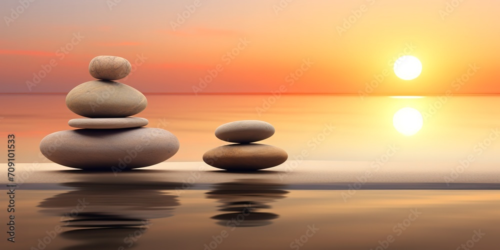A pile of Zen stones with a sunset background