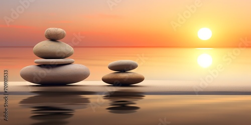 A pile of Zen stones with a sunset background