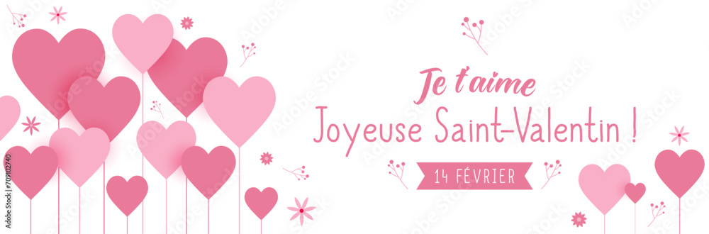 Bannière pour la Saint-Valentin - Ensemble d'illustrations de cœurs et éléments végétaux - Joyeuse Saint-Valentin - Je t'aime - 14 Février - Journée des amoureux - Couple - Soirée romantique