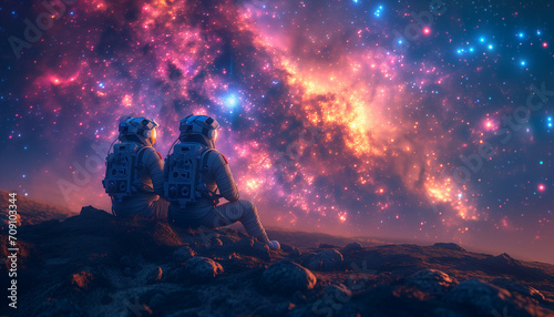 Two Astronauts visiting a new planet for life in the sparkle galaxy. Concept of astronomy  space