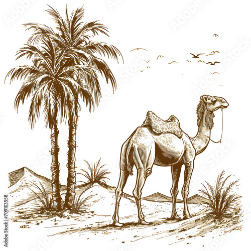 Desert oasis: camel and palm trees isolated on white background, sketch, png  © Pixel Prophet
