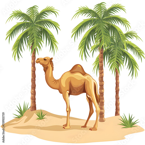 Desert oasis: camel and palm trees isolated on white background, simple style, png  © Pixel Prophet