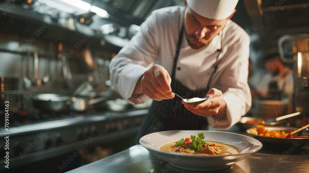 chef preparing food in restaurant, a photo of a cook wearing uniform and a chef hat leaning over a dish and serving soup on restaurant kitchen chef preparing food in restaurant, a photo of a cook wearing uniform and a chef hat leaning over a dish and serving soup on restaurant kitchen