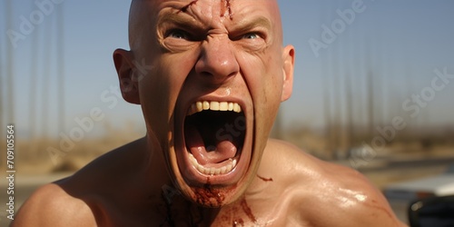 Bald man with a bloodied face snarls angrily, teeth clenched. photo