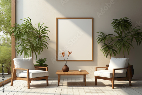 Experience the beauty of minimalism a?" two chairs and a table against a solid wall, accompanied by a blank empty white frame for your custom text.