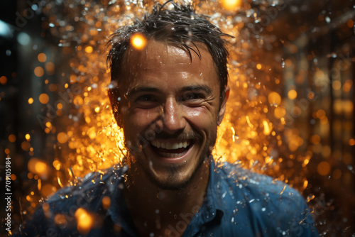 Man grins as water sprinkles on him, his joyous expression captured in a detailed portrait.