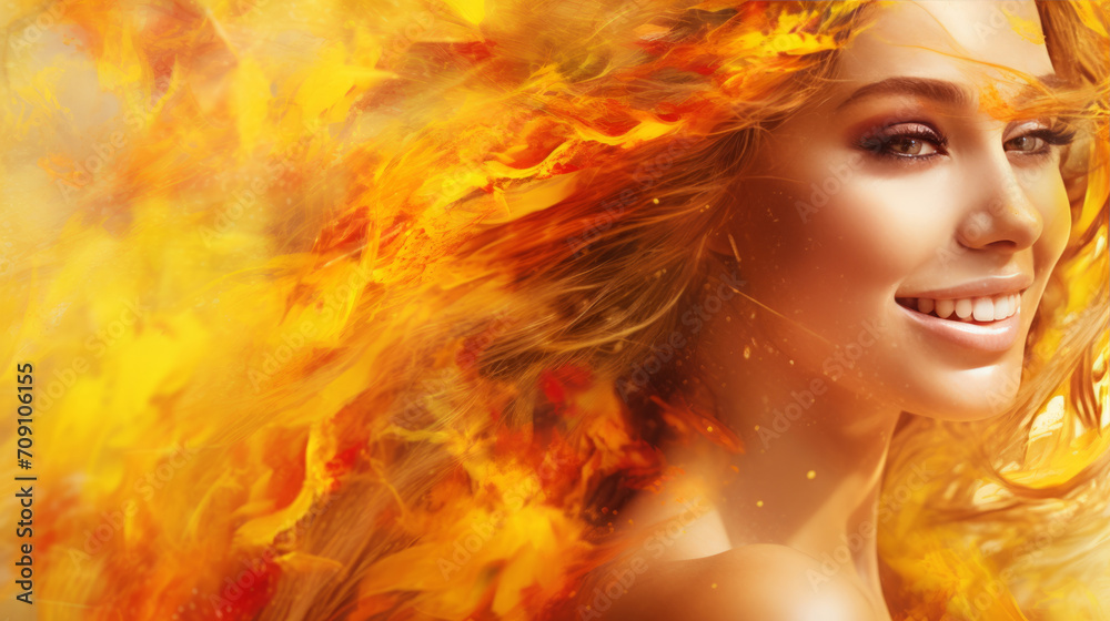 Woman with long blonde hair appears to be aflame, her body and golden wings fiery.