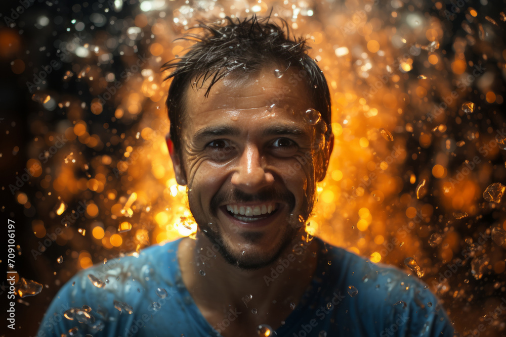 Man in a blue shirt smiles amidst the rain, his portrait detailed and vibrant. Man in a blue shirt smiles amidst the rain, his portrait detailed and vibrant.