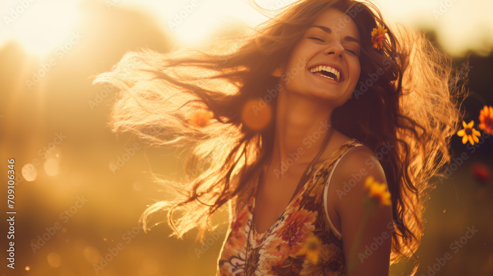 Obraz premium Joyful young woman stands in a flower field, her playful smile radiating in the sunny day.