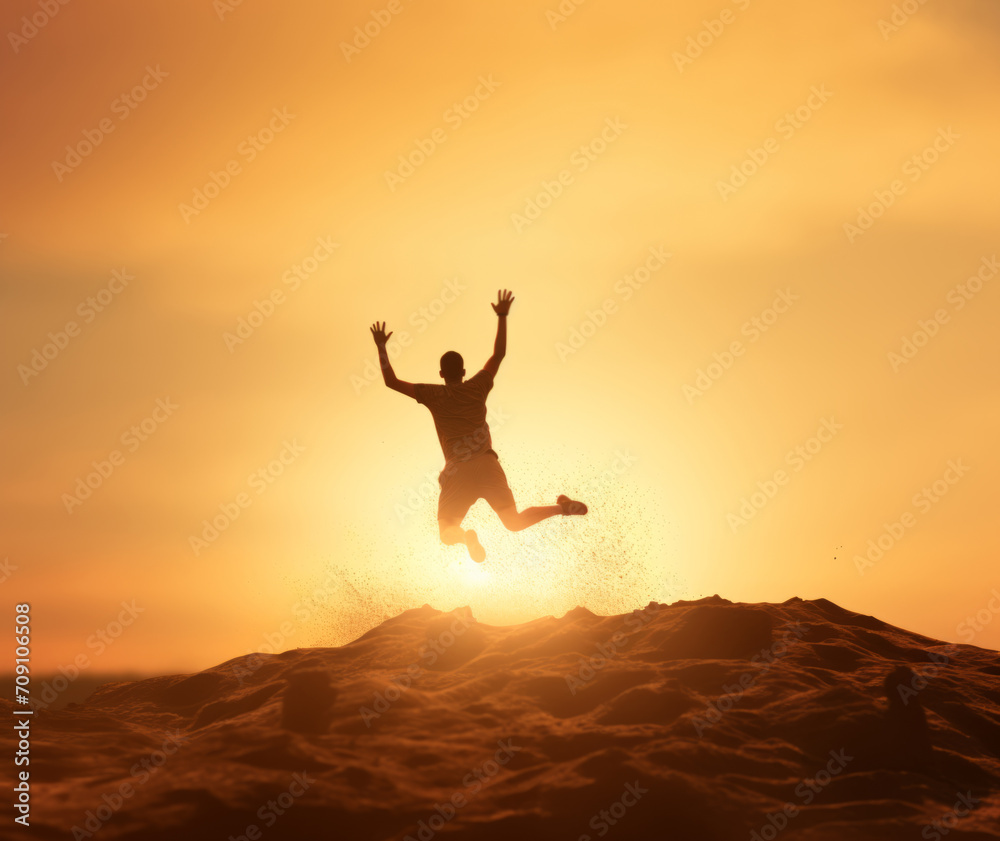 Person leaps joyfully on a beach, dirt and gravel suspended in the air around them.