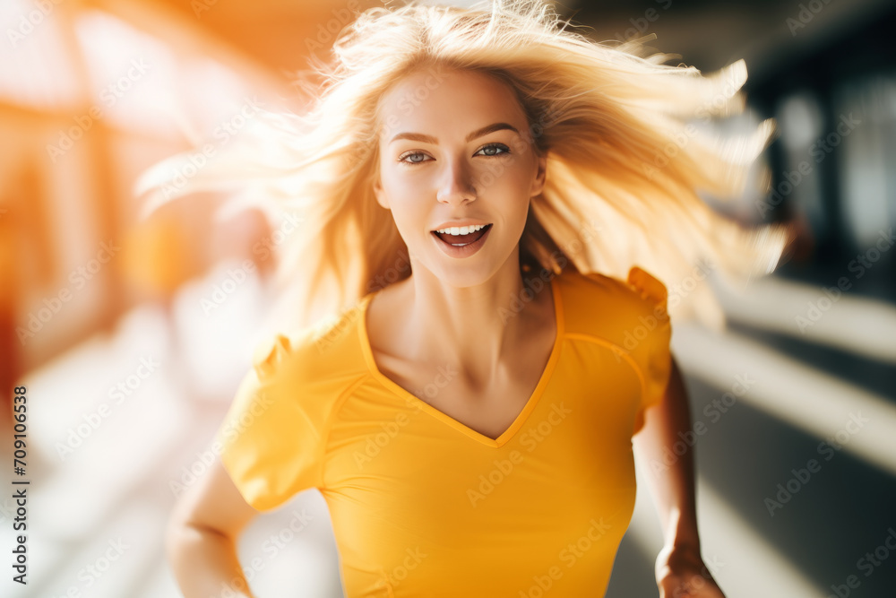 Woman in a yellow shirt runs, her attractive features radiating beauty. - obrazy, fototapety, plakaty 