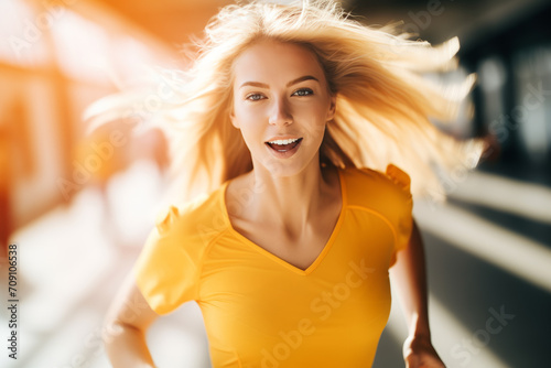 Woman in a yellow shirt runs, her attractive features radiating beauty.