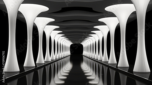 Black and white photo of a long, symmetrically lit hallway in a futuristic setting. photo