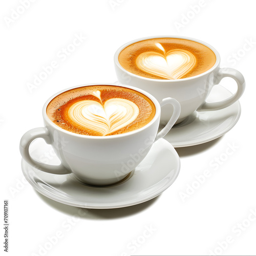 Two cups of coffee with heart-shaped foam isolated on white background, png 