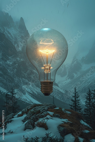 A lightbulb on the peak of snow moutain