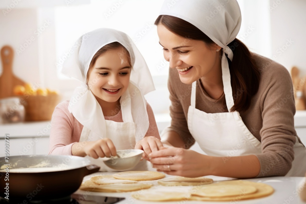 Maman qui fait des crêpes avec son enfant pour la chandeleur Maman qui fait des crêpes avec son enfant pour la chandeleur