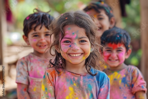 Smiling children with face paint during the Holi color festival