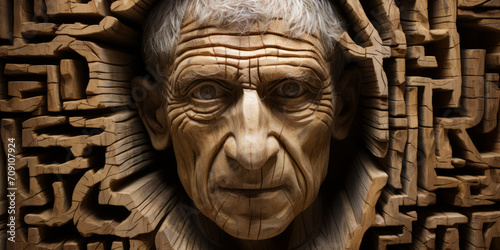 Wooden sculpture presents a detailed carving of an old man's face. photo