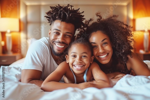 family in a hotel room on a bed. Family vacation concept