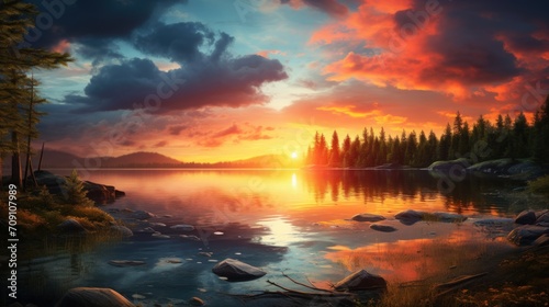 Beautiful landscape with lake reflection in calm water at sunset. Generate AI image