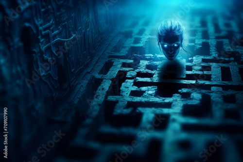 Close-up of a person in a maze, the scene resembling a dungeon in a matte painting of the human mind. photo