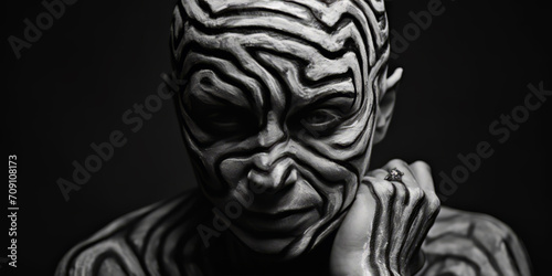 Close-up of a person wearing a tribal mask, their face adorned with intricate patterns.