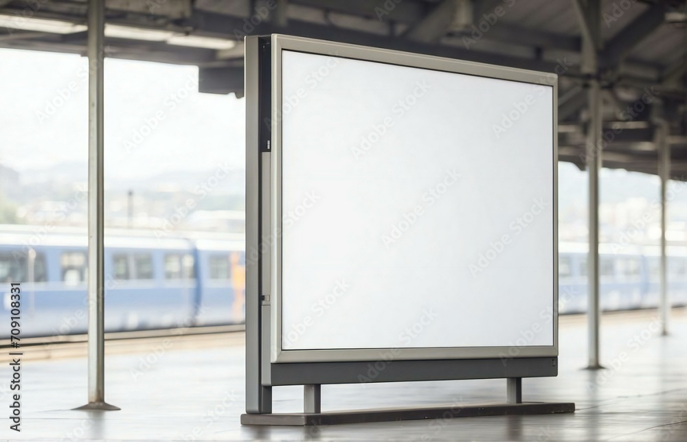 a blank empty canvas poster screen board hanging on a wall at a railway station