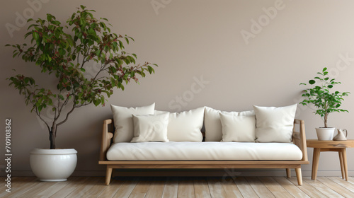 A minimalist interior with a beige sofa and a refined table adorned with a solitary, lush plant. The image captures the essence of simplicity and sophistication.