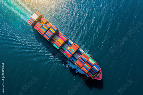 Container ship carrying container for business freight import and export, Aerial view container ship arriving in commercial port.