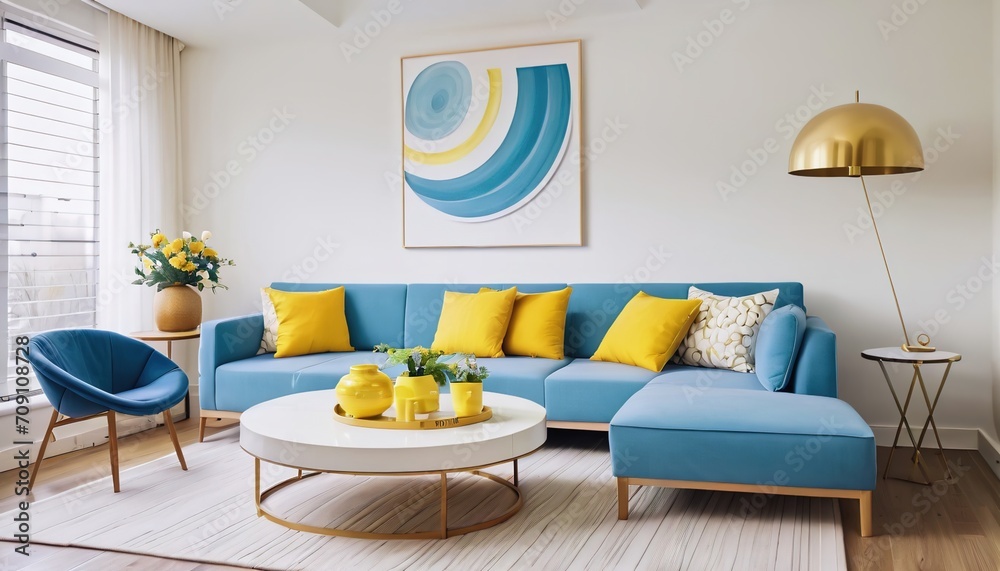 interior design of a modern living room in white, yellow and blue tones ...