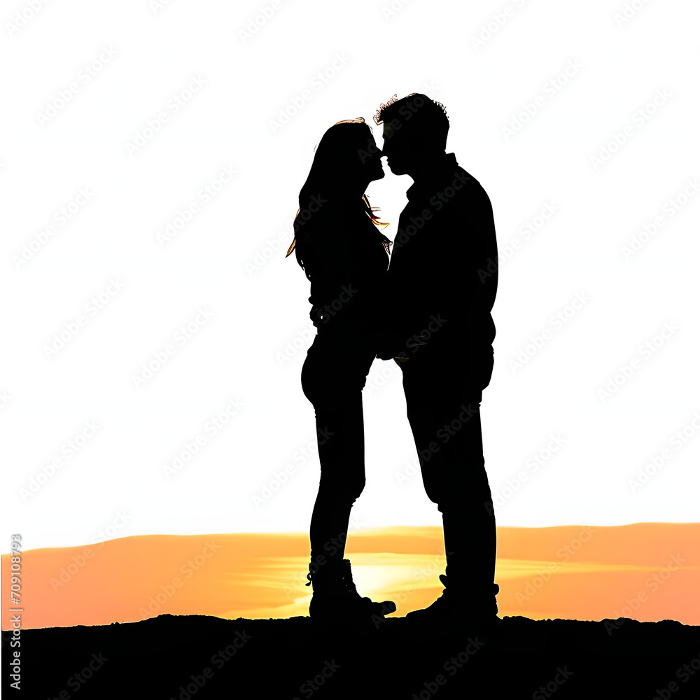 Couple's silhouette against a sunset isolated on white background, png
