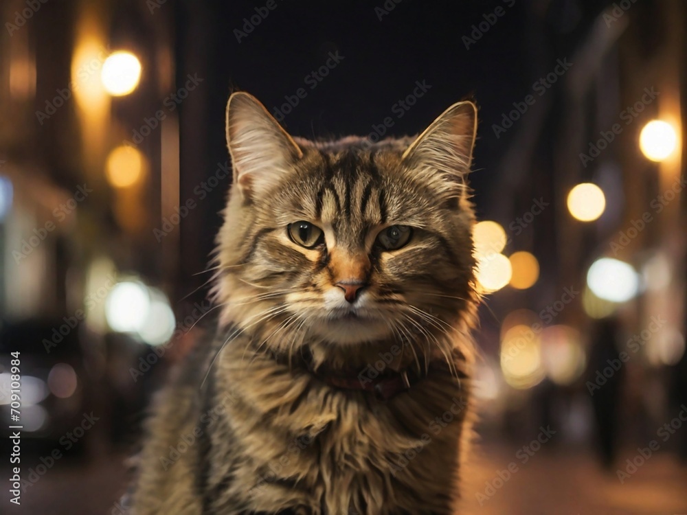 Naklejka premium Enchanting night scene: a cute cat on a street with a blurred bokeh background, capturing the charm of nocturnal feline adventures.