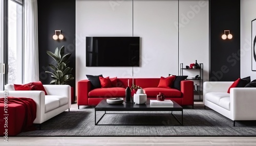 interior design of a modern living room in white  red and black tones  a modern room with black  white and red furniture