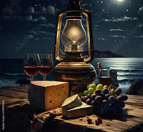 oil painting of an old  kerosene lamp, wine glasses, grapes and cheese on a wooden table across the seashore with  in Aegean island at a summer night.  photo