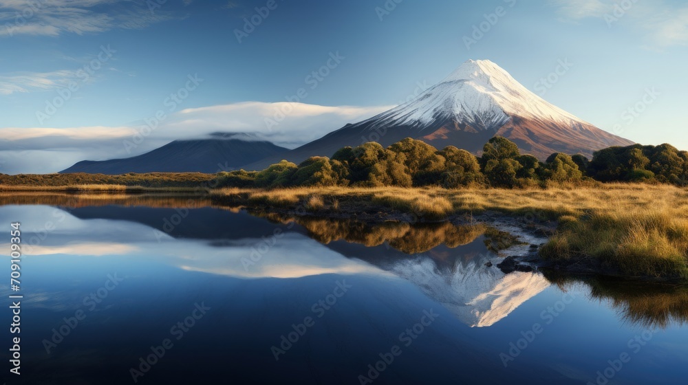 Beautiful volcanic mountain with snow in the peak in morning light reflected in calm waters of lake.