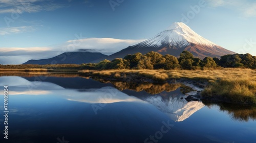 Beautiful volcanic mountain with snow in the peak in morning light reflected in calm waters of lake.