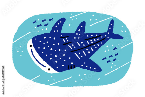 泳ぐジンベエザメと小魚の手描きイラスト