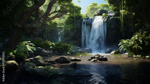 In this realistic 3D render, a serene waterfall cascades into a clear pool, surrounded by lush greenery