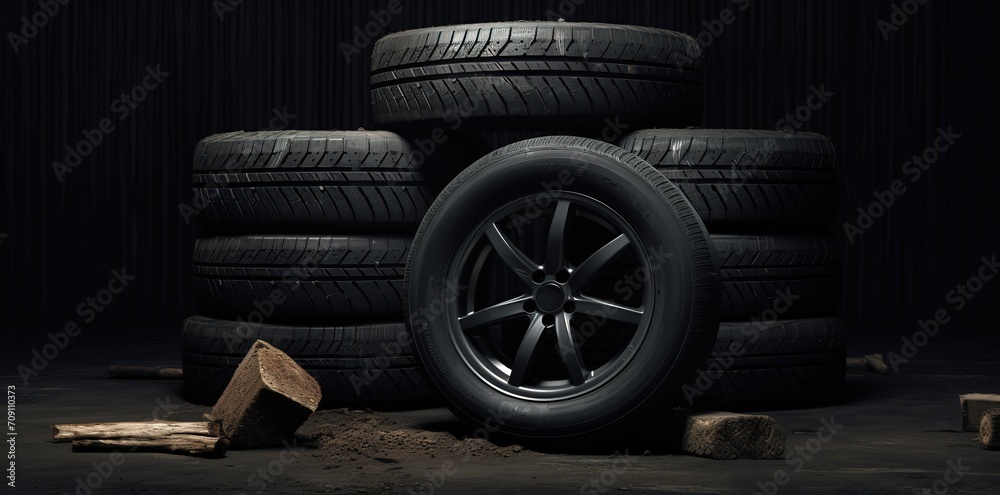 Naklejka premium Stack of black tires in photo on black background. generative AI