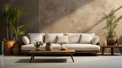 A stylish beige sofa surrounded by neutral tones, accompanied by a contemporary table holding a single, carefully placed plant. The HD image captures the elegance of the room.