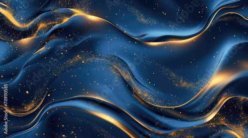 An abstract composition featuring elegant gold and blue waves creates a luxurious background with ample space for text placement.Generative AI