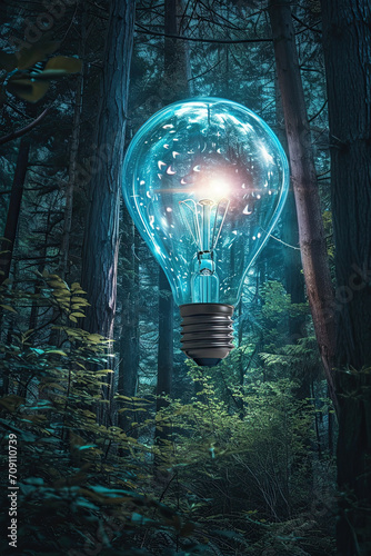 A lightbulb in the middle of a forest