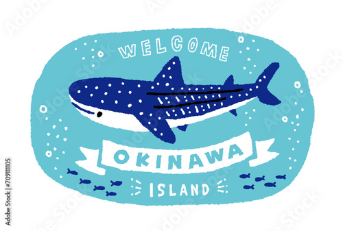泳ぐジンベエザメ【横】と小魚の手描きイラスト