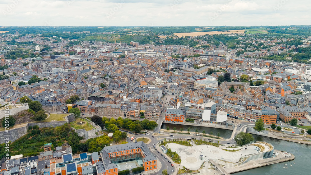 Namur, Belgium. Arrow at the confluence of the Sambre and Meuse rivers. City Square d Armes, Aerial View