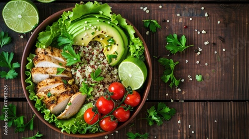 Healthy salad bowl with quinoa, tomatoes, chicken, avocado, lime and mixed greens